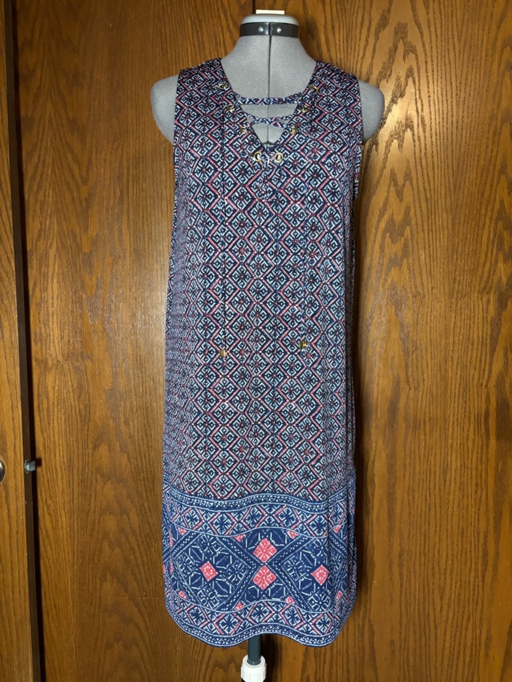 Michael Kors Navy, White and Red Geometric Print Top